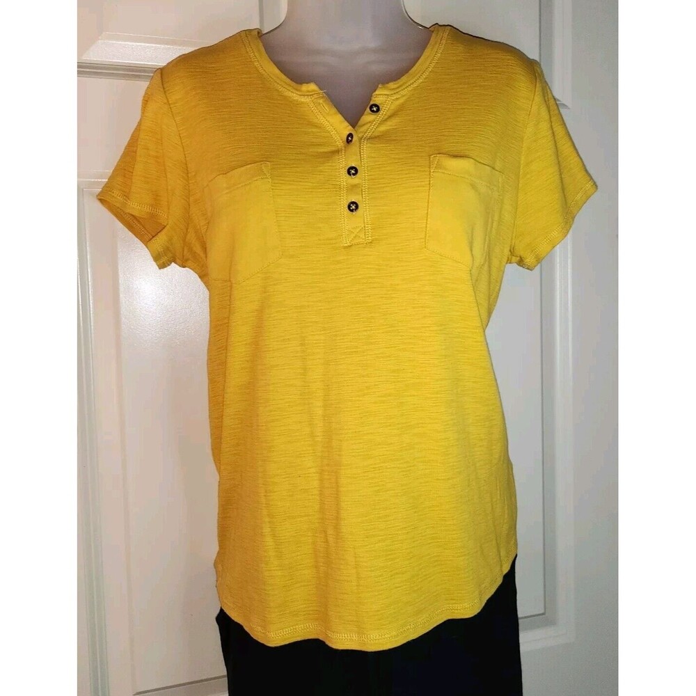 Liz Claiborne Size L Mustard Short Sleeve Henley Top Yellow, Pre-owned